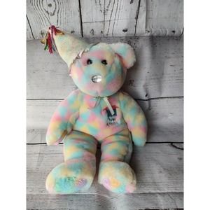 TY Beanie Buddy HAPPY BIRTHDAY Bear W/ Hat Pastel Tie dyed Plush 2003 15”